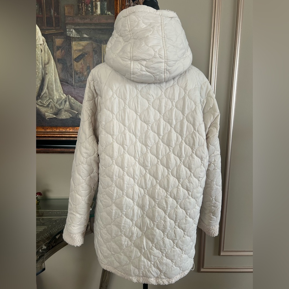 Hurley Cream Sherpa Quilted Hooded Jacket Oversized Cozy Fleece Puffer Hybrid L - Picture 8 of 9
